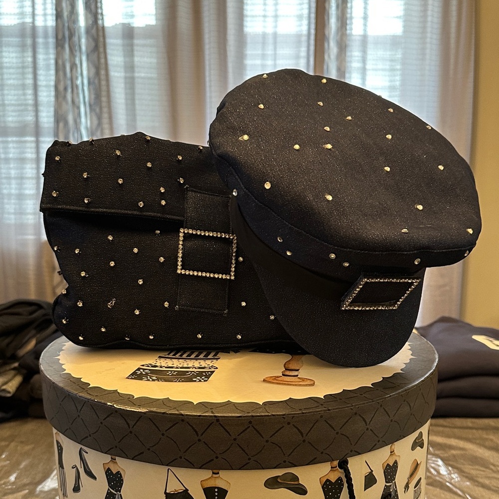 Stylish Navy Blue Studded Cap and Bag Set